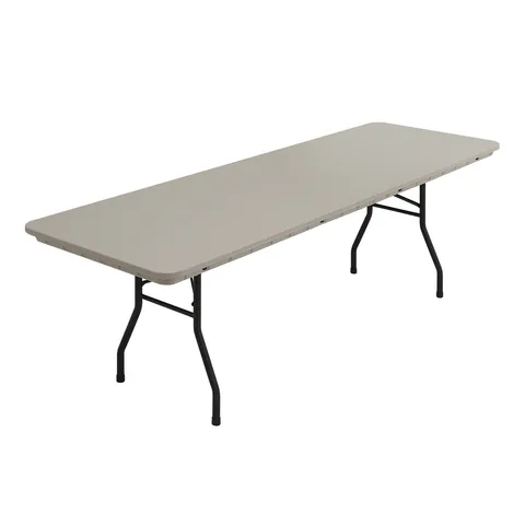 8 ft rectangle folding table with a light gray plastic top and black steel legs