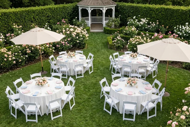 Baby shower in a garden with round tables, white tablecloths, white resin padded chairs and two canvas market umbrellas
