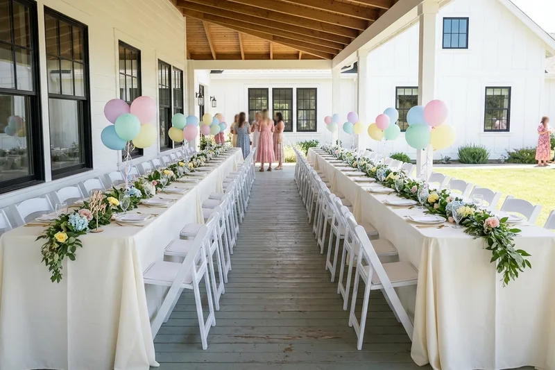 Baby shower brunch on a porch with long rectangle tables in ivory tablecloths and white resin padded chairs