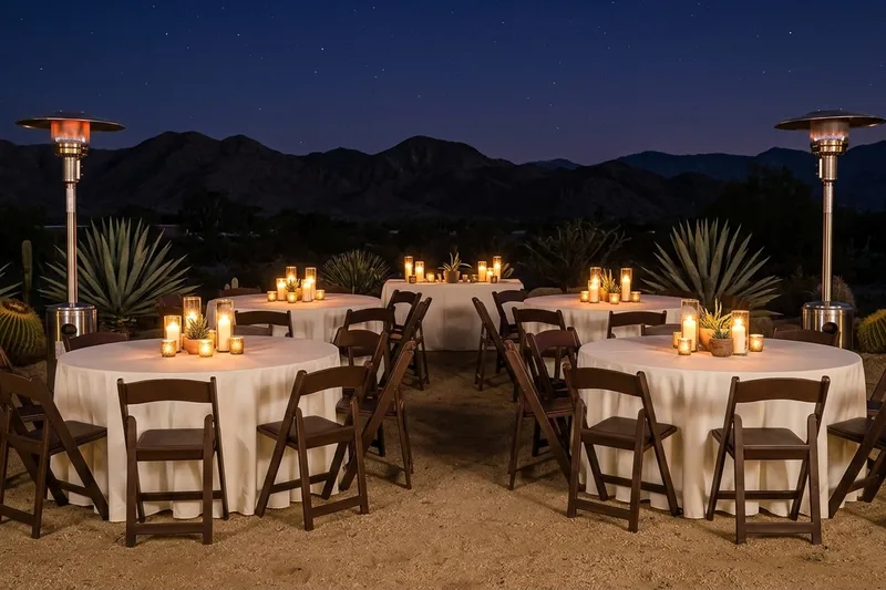 Evening birthday dinner with round tables, white tablecloths, brown resin padded chairs and two stainless steel patio heaters