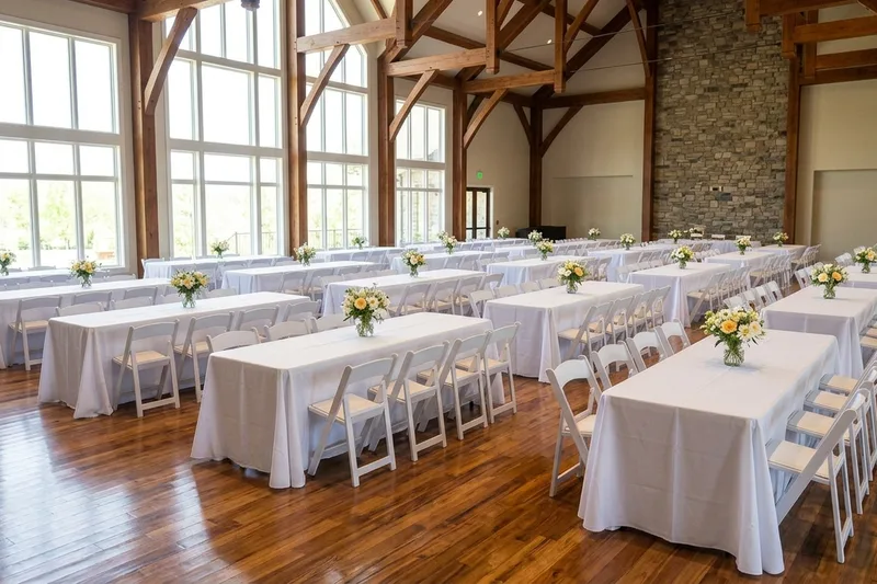 Church fellowship dinner in a hall with rows of rectangle tables, white tablecloths and white folding chairs