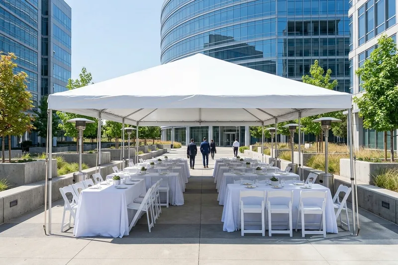 Company lunch under a white frame canopy with rectangle tables, white tablecloths and white folding chairs in an office plaza