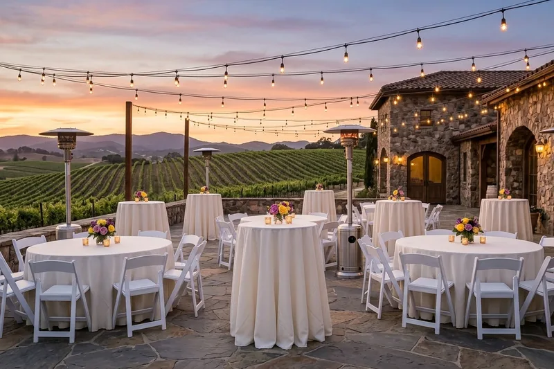 Evening mixer on a terrace with cocktail tables, round tables, white resin padded chairs and patio heaters