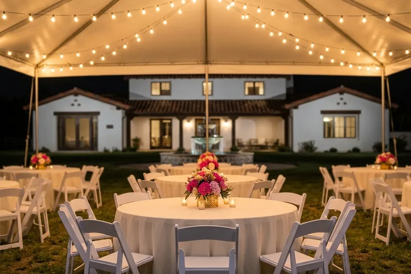 Quinceanera tables at night under a white canopy with string lights, ivory tablecloths and white resin padded chairs