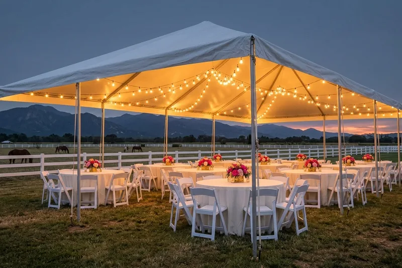 Quinceanera reception under a large white frame canopy with round tables, white tablecloths and white resin padded chairs at dusk