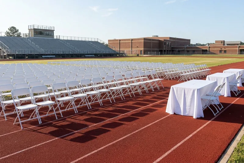 School event on a sports field with rows of white folding chairs and check in tables in white tablecloths