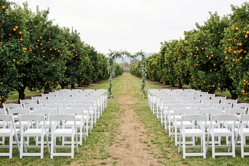 Outdoor wedding ceremony with rows of white resin padded folding chairs and a center aisle in a citrus orchard