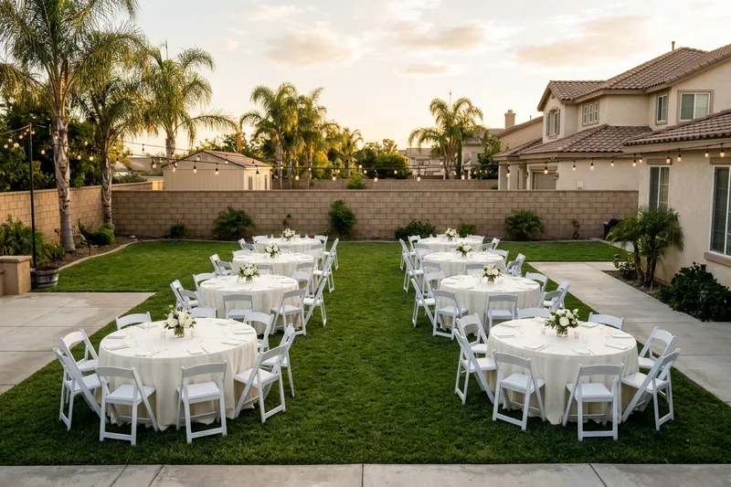 Backyard reception on a lawn with 60 inch round tables, ivory tablecloths and white resin padded chairs