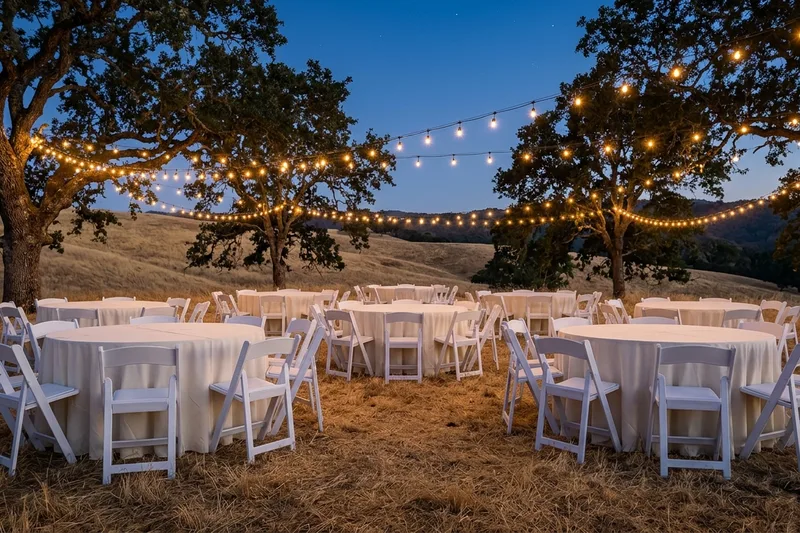 Wedding reception setup with 60 inch round tables in ivory floor length tablecloths and white resin padded chairs under string lights on an oak hillside
